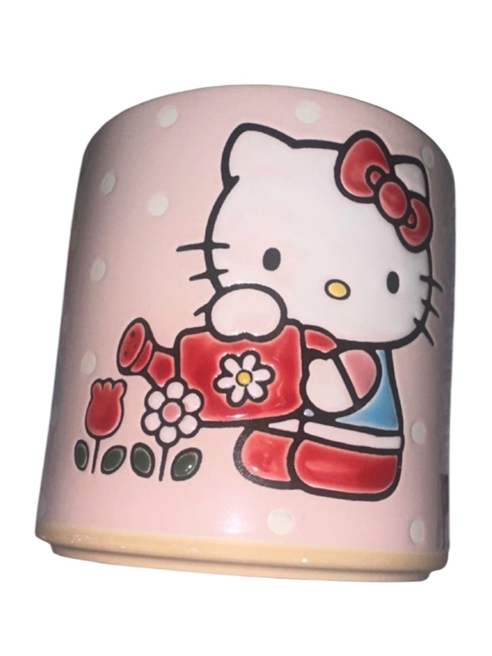 Hello Kitty Pink Ceramic Planter with Red Watering Can Motif